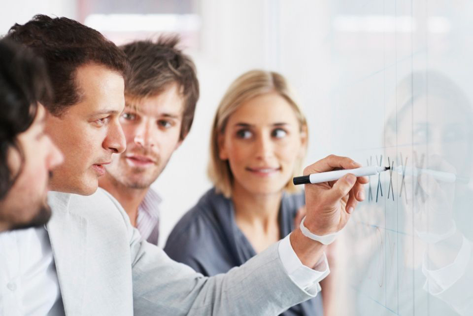 A team working together in a bright office